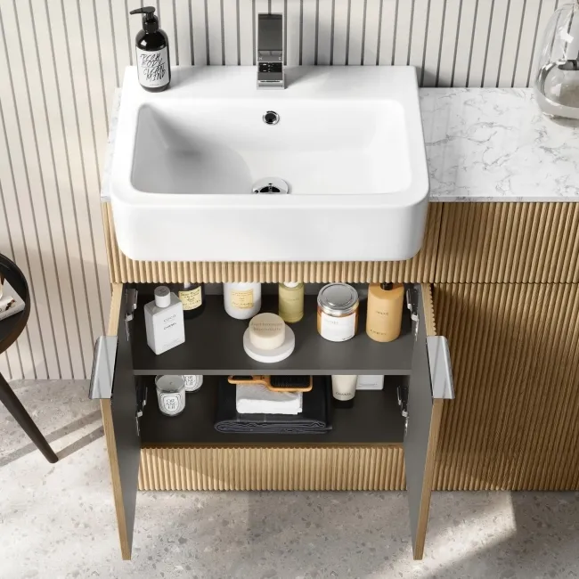 Sicily Fluted Country Oak Combination Vanity Basin with Marble Top & Tucson Toilet 1200mm - Chrome Handles