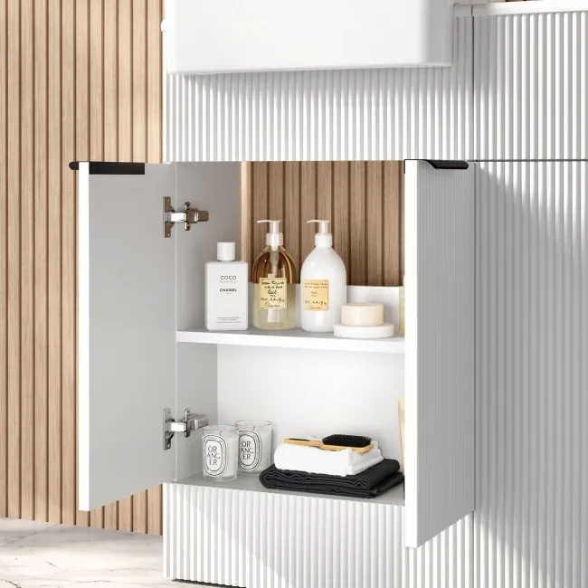 Sicily Fluted Coastal White Vanity with Semi Recessed Basin 500mm - Black Accents