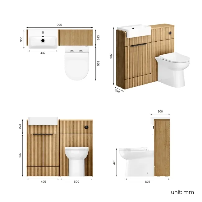 Sicily Fluted Country Oak Combination Vanity Basin and Aruba Toilet 1000mm - Black Accents