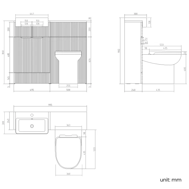 Sicily Fluted Country Oak Combination Vanity Basin and Aruba Toilet 1000mm - Black Accents