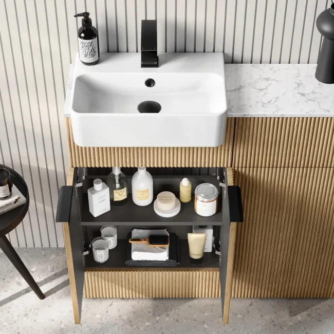 Sicily Fluted Country Oak Combination Vanity Basin with Marble Top & Tucson Toilet 1000mm - Black Accents