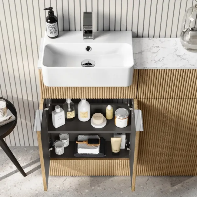 Sicily Fluted Country Oak Combination Vanity Basin with Marble Top & Houston Toilet 1000mm - Chrome Handles