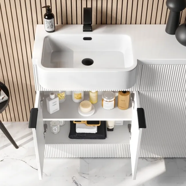 Sicily Fluted Coastal White Basin Vanity and Back To Wall Toilet Unit 1200mm (Excludes Toilet) - Black Accents - Left Handed