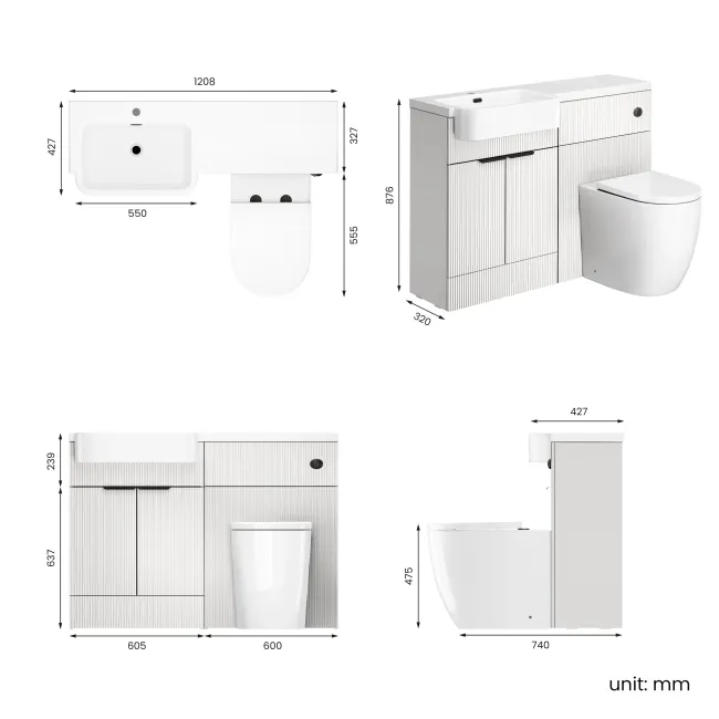 Sicily Fluted Coastal White Combination Vanity Basin and Utah Comfort Height Toilet 1200mm - Black Accents - Left Handed