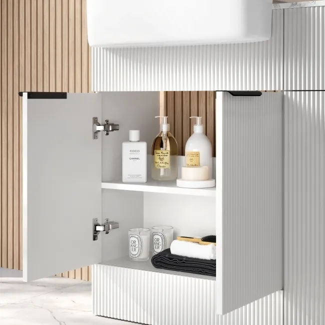 Sicily Fluted Coastal White Basin Vanity with Marble Top & Back To Wall Unit 1200mm (Excludes Toilet) - Black Accents