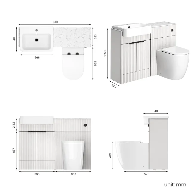 Sicily Fluted Coastal White Combination Vanity Basin with Marble Top & Utah Comfort Height Toilet 1200mm - Black Accents