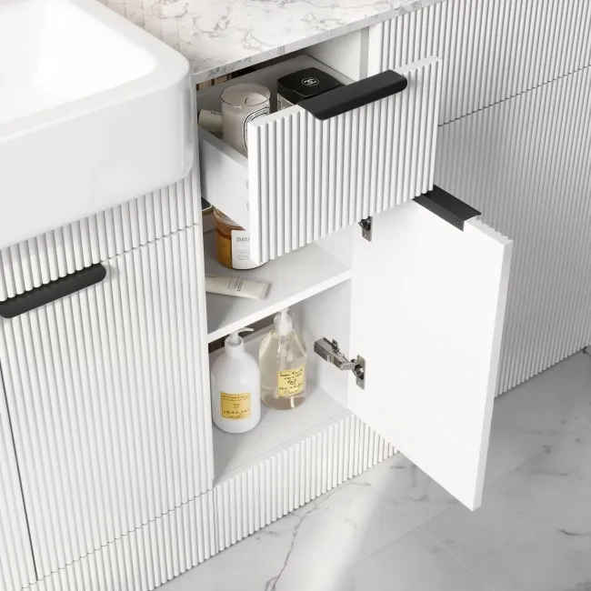 Sicily Fluted Coastal White Combination Vanity Basin with Marble Top & Tucson Toilet 1500mm - Black Accents
