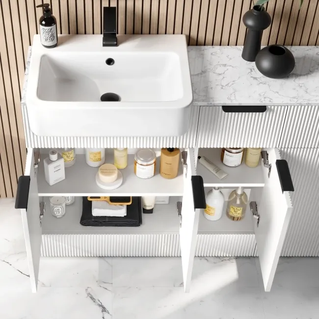 Sicily Fluted Coastal White Combination Vanity Basin with Marble Top & Tucson Toilet 1500mm - Black Accents