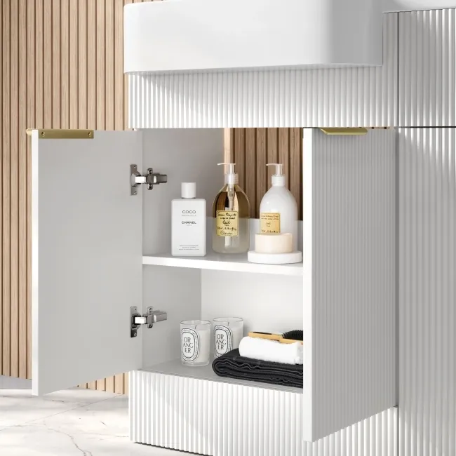 Sicily Fluted Coastal White Basin Vanity and Back To Wall Toilet Unit 1200mm (Excludes Toilet) - Brushed Brass Accents - Left Handed