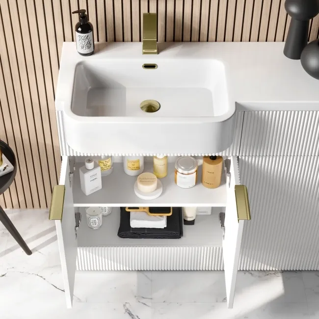 Sicily Fluted Coastal White Basin Vanity and Back To Wall Toilet Unit 1200mm (Excludes Toilet) - Brushed Brass Accents - Left Handed