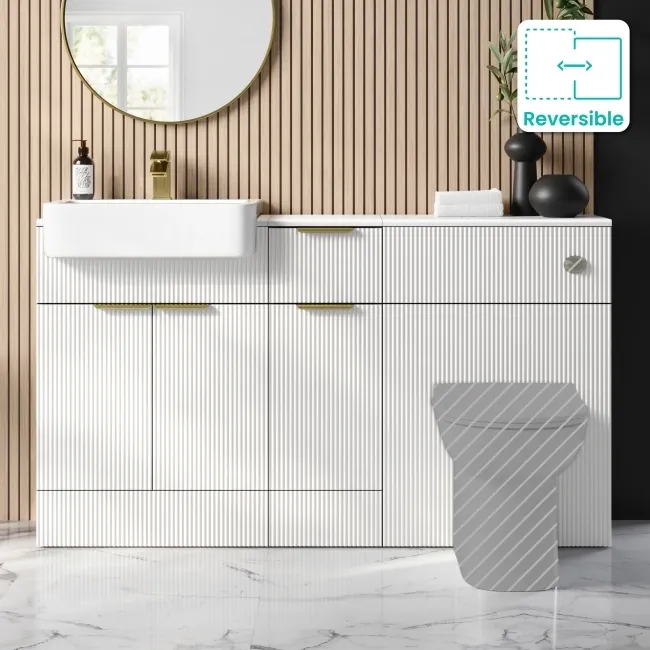 Sicily Fluted Coastal White Combination Vanity Basin 1500mm (Excludes Toilet) - Brushed Brass Accents