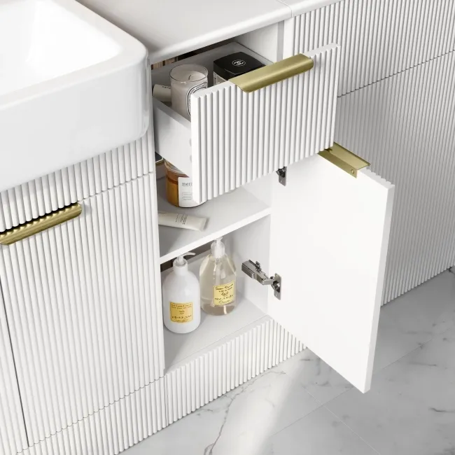 Sicily Fluted Coastal White Combination Vanity Basin 1500mm (Excludes Toilet) - Brushed Brass Accents