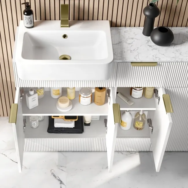Sicily Fluted Coastal White Combination Vanity Basin with Marble Top & Houston Toilet 1500mm - Brushed Brass Accents