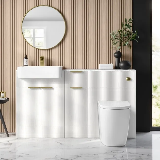 Sicily Fluted Coastal White Combination Vanity Basin with Marble Top & Utah Comfort Height Toilet 1500mm - Brushed Brass Accents