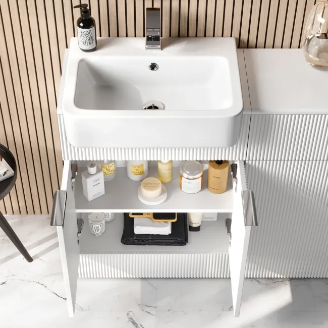 Sicily Fluted Coastal White Basin Vanity and Back To Wall Toilet Unit 1200mm (Excludes Toilet) - Chrome Handles