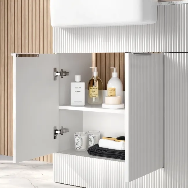Sicily Fluted Coastal White Basin Vanity with Marble Top & Back To Wall Unit 1200mm (Excludes Toilet) - Chrome Handles