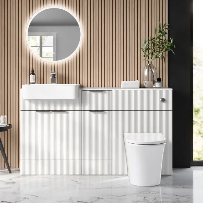 Sicily Fluted Coastal White Combination Vanity Basin with Marble Top & Tucson Toilet 1500mm - Chrome Handles