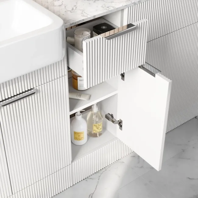 Sicily Fluted Coastal White Combination Vanity Basin with Marble Top & Utah Comfort Height Toilet 1500mm - Chrome Handles