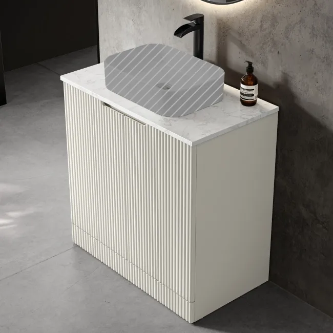 Crete Fluted Linen White Vanity with Marble Top 800mm - Excludes Counter Top Basin
