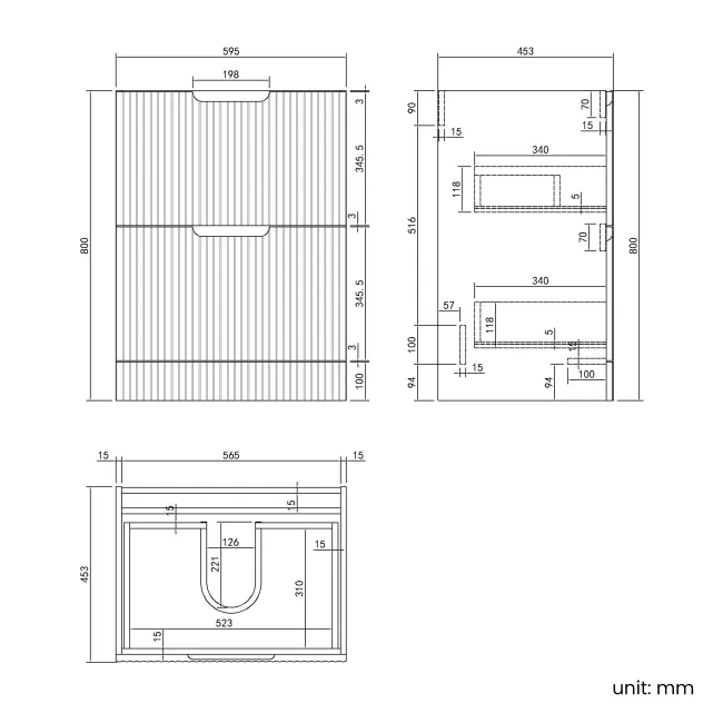 Crete Fluted Apex Oak Basin Vanity Drawer 600mm