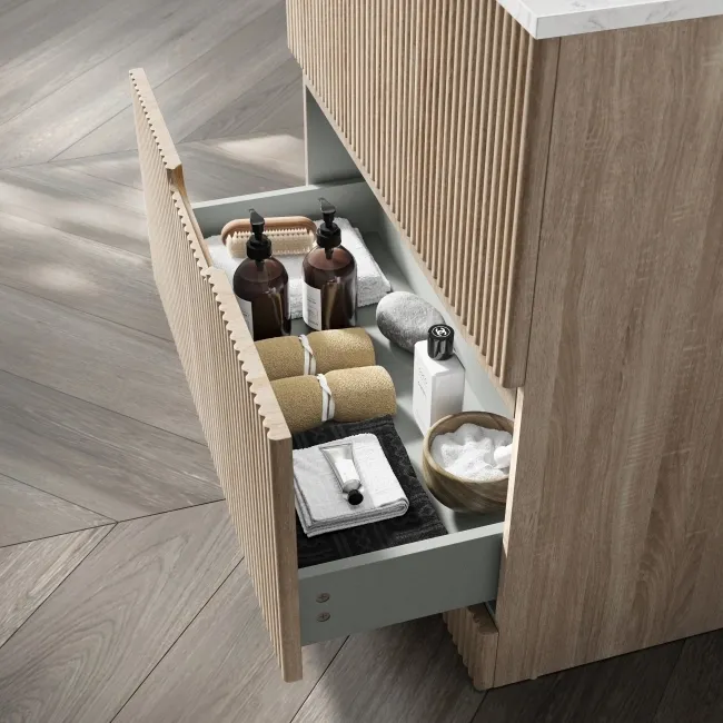 Crete Fluted Apex Oak Vanity Drawer with Marble Top & Nevis Basin 800mm