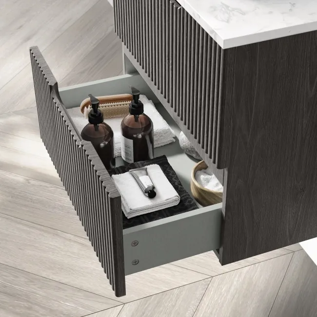 Crete Fluted Charcoal Elm Wall Hung Drawer Vanity with Marble Top 600mm - Excludes Counter Top Basin