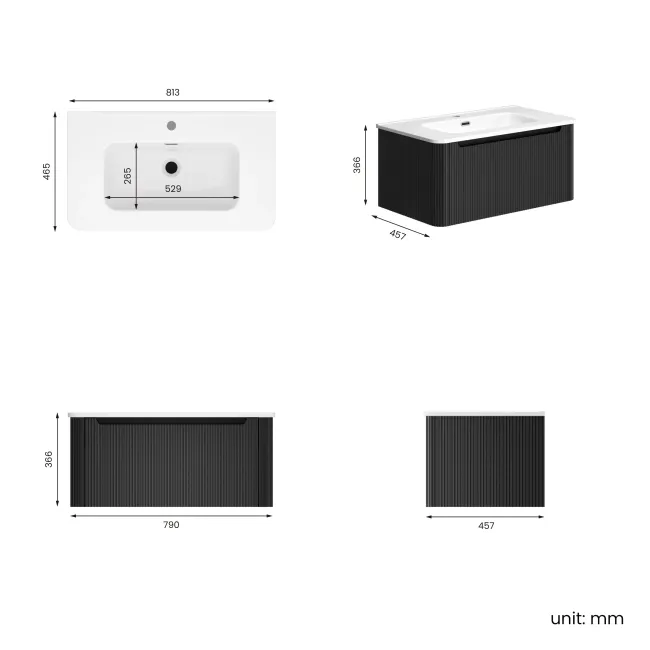 Sorrento Fluted Matt Black Wall Hung Basin Drawer Vanity 800mm