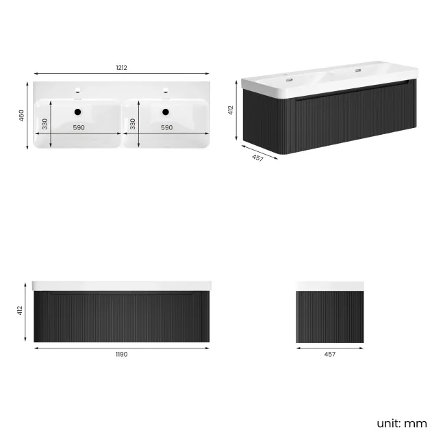 Sorrento Fluted Matt Black Wall Hung Double Basin Drawer Vanity 1200mm