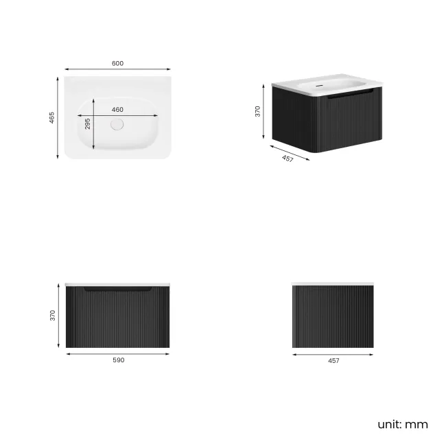 Sorrento Fluted Matt Black Wall Hung Drawer Vanity with Matt White Basin 600mm