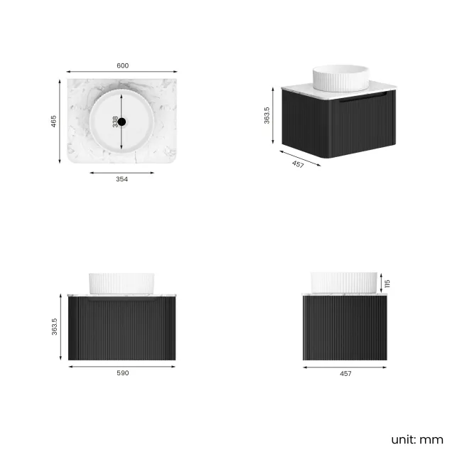 Sorrento Fluted Matt Black Wall Hung Drawer Vanity with Marble Top & Nevis Basin 600mm