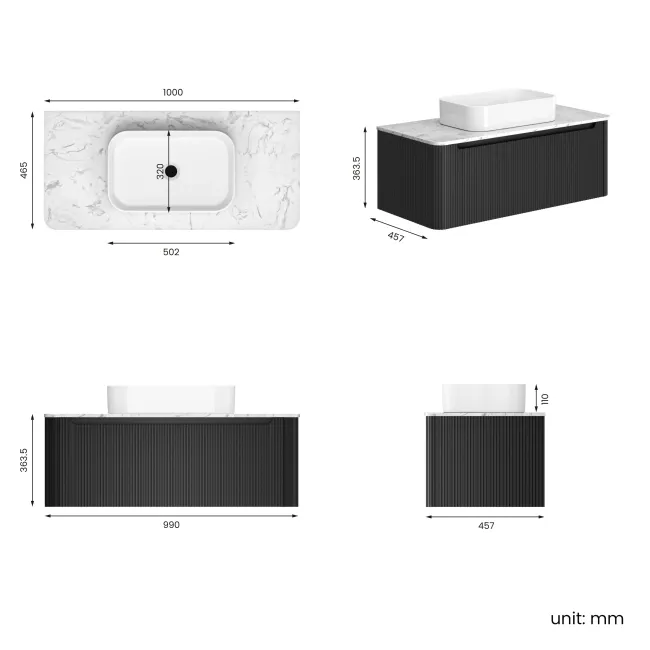 Sorrento Fluted Matt Black Wall Hung Drawer Vanity with Marble Top & Marin Basin 1000mm