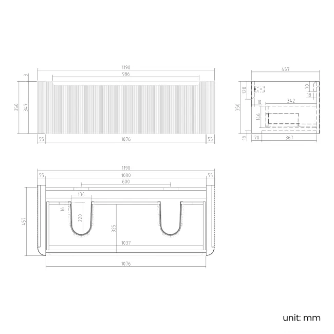 Sorrento Fluted Matt Black Double Wall Hung Drawer Vanity with Marble Top & Nevis Basin 1200mm