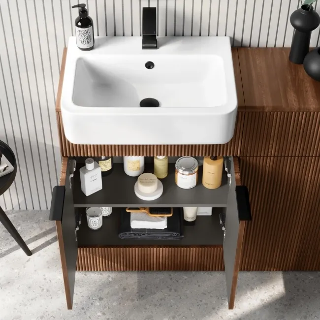 Sicily Fluted Black Walnut Basin Vanity and Back To Wall Toilet Unit 1200mm (Excludes Toilet) - Black Accents
