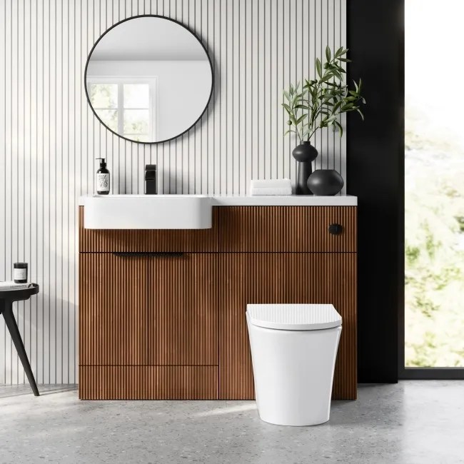 Sicily Fluted Black Walnut Combination Vanity Basin and Tucson Toilet 1200mm - Black Accents - Left Handed