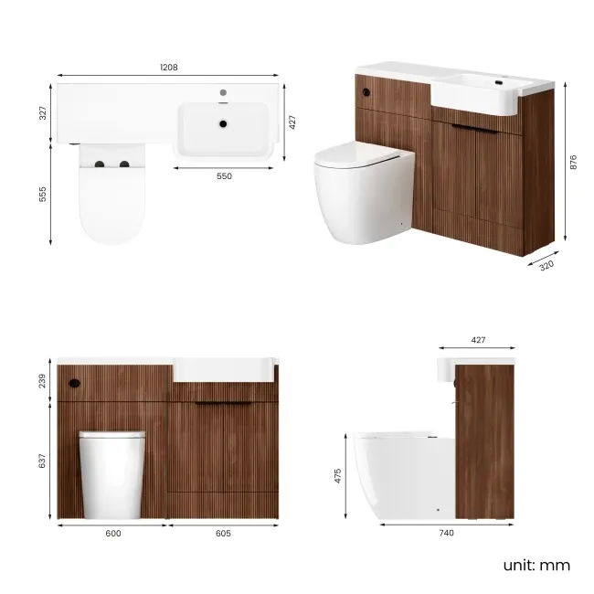Sicily Fluted Black Walnut Combination Vanity Basin and Utah Comfort Height Toilet 1200mm - Black Accents - Right Handed