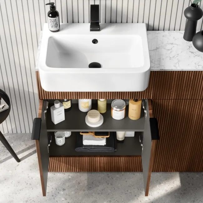 Sicily Fluted Black Walnut Combination Vanity Basin with Marble Top & Tucson Toilet 1200mm - Black Accents