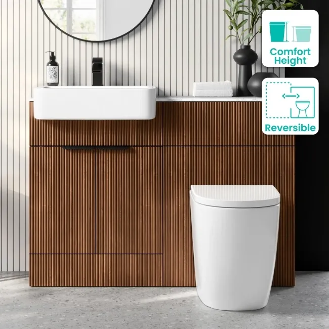 Sicily Fluted Black Walnut Combination Vanity Basin with Marble Top & Utah Comfort Height Toilet 1200mm - Black Accents
