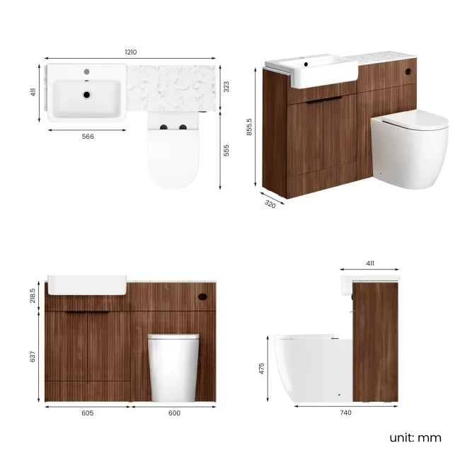 Sicily Fluted Black Walnut Combination Vanity Basin with Marble Top & Utah Comfort Height Toilet 1200mm - Black Accents