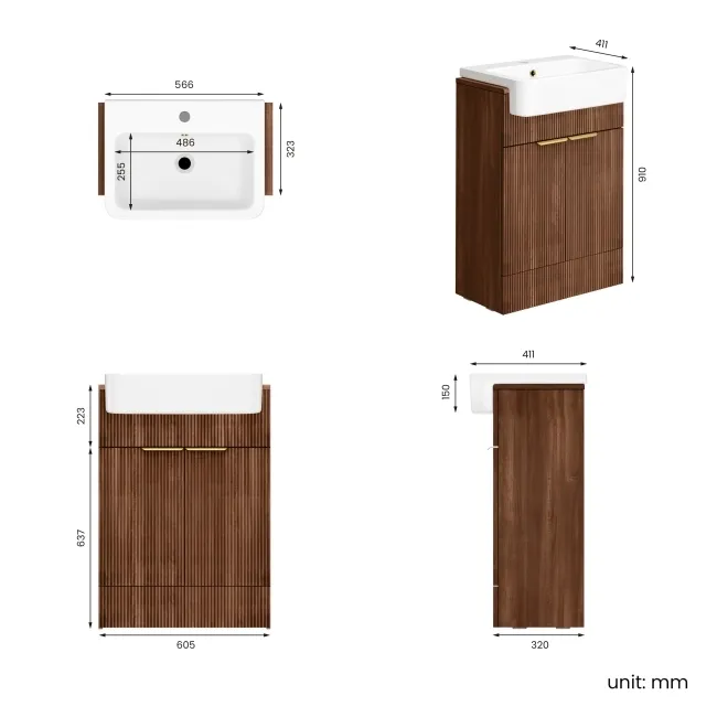 Sicily Fluted Black Walnut Vanity with Semi Recessed Basin 600mm - Brushed Brass Accents