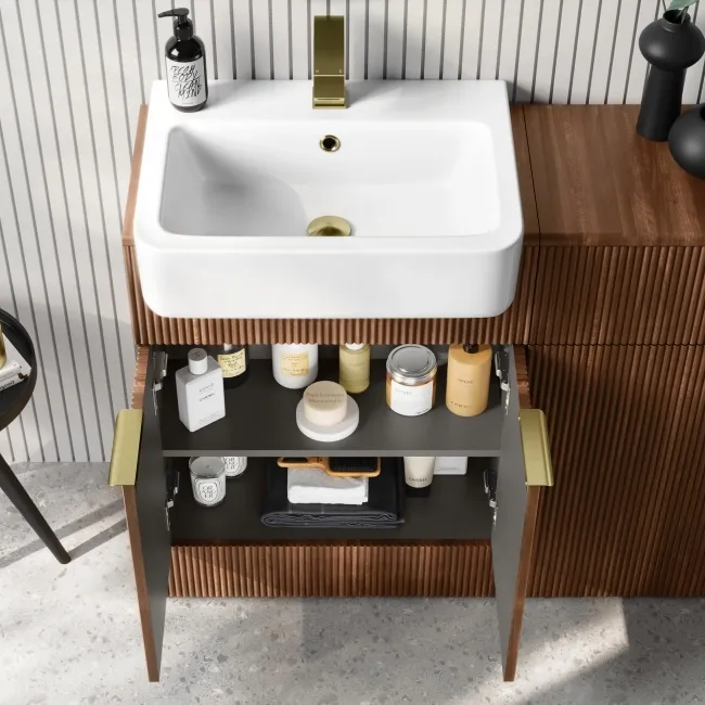 Sicily Fluted Black Walnut Basin Vanity and Back To Wall Toilet Unit 1200mm (Excludes Toilet) - Brushed Brass Accents