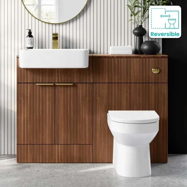 Sicily Fluted Black Walnut Combination Vanity Basin and Miami Toilet 1200mm - Brushed Brass Accents