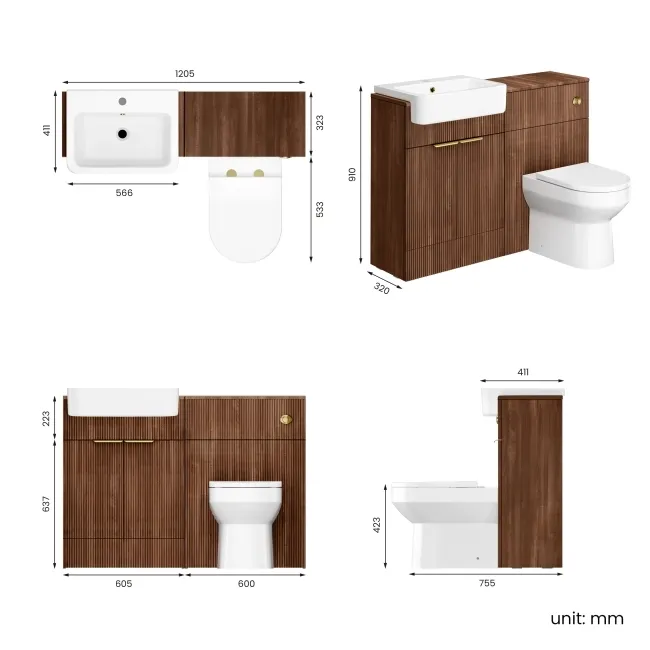 Sicily Fluted Black Walnut Combination Vanity Basin and Miami Toilet 1200mm - Brushed Brass Accents