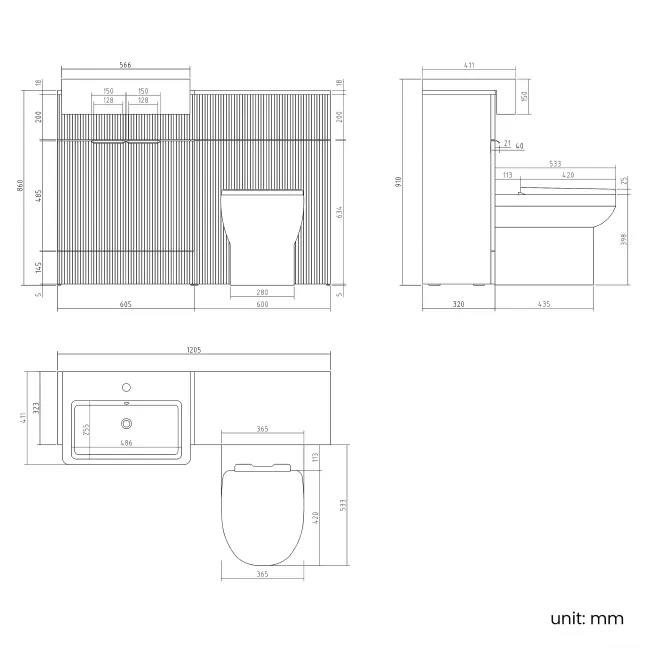 Sicily Fluted Black Walnut Combination Vanity Basin and Miami Toilet 1200mm - Brushed Brass Accents