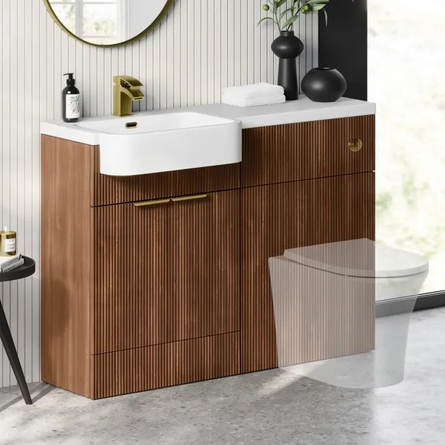 Sicily Fluted Black Walnut Basin Vanity and Back To Wall Toilet Unit 1200mm (Excludes Toilet) - Brushed Brass Accents - Left Handed