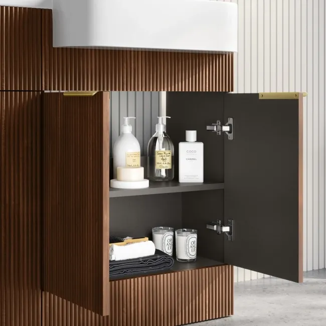 Sicily Fluted Black Walnut Combination Vanity Basin and Houston Toilet 1200mm - Brushed Brass Accents - Right Handed