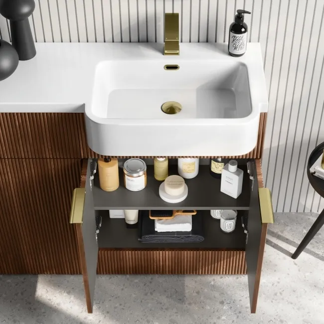 Sicily Fluted Black Walnut Combination Vanity Basin and Houston Toilet 1200mm - Brushed Brass Accents - Right Handed
