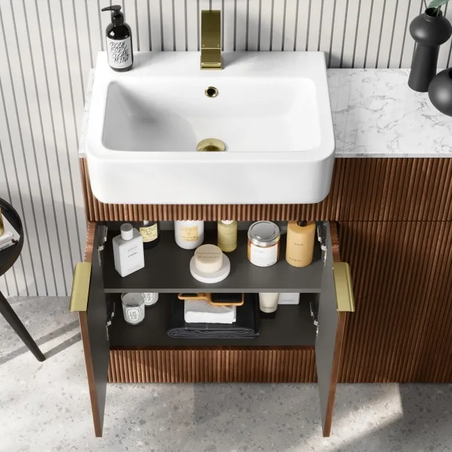 Sicily Fluted Black Walnut Combination Vanity Basin with Marble Top & Utah Comfort Height Toilet 1200mm - Brushed Brass Accents