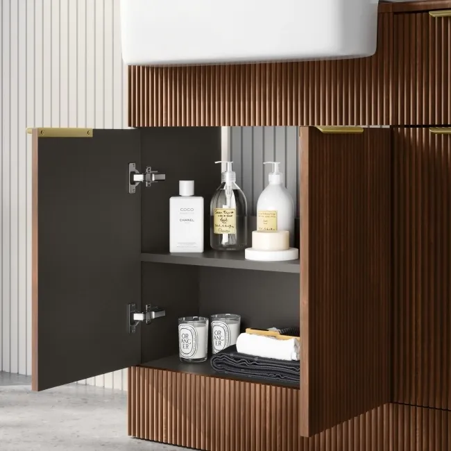 Sicily Fluted Black Walnut Combination Vanity Basin 1500mm (Excludes Toilet) - Brushed Brass Accents