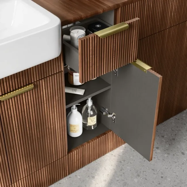 Sicily Fluted Black Walnut Combination Vanity Basin 1500mm (Excludes Toilet) - Brushed Brass Accents