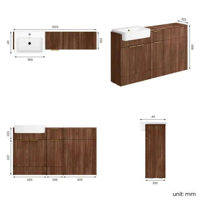 Sicily Fluted Black Walnut Combination Vanity Basin 1500mm (Excludes Toilet) - Brushed Brass Accents